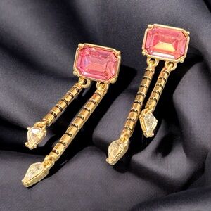 Gold Tone Dangle Pierced Earrings With Pink & Clear Rhinestones